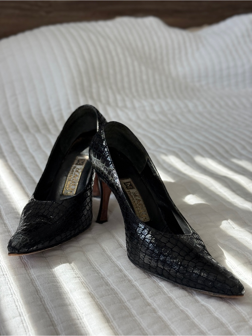 Bruno Magli Black Croc-Embossed Pointed Toe Pumps